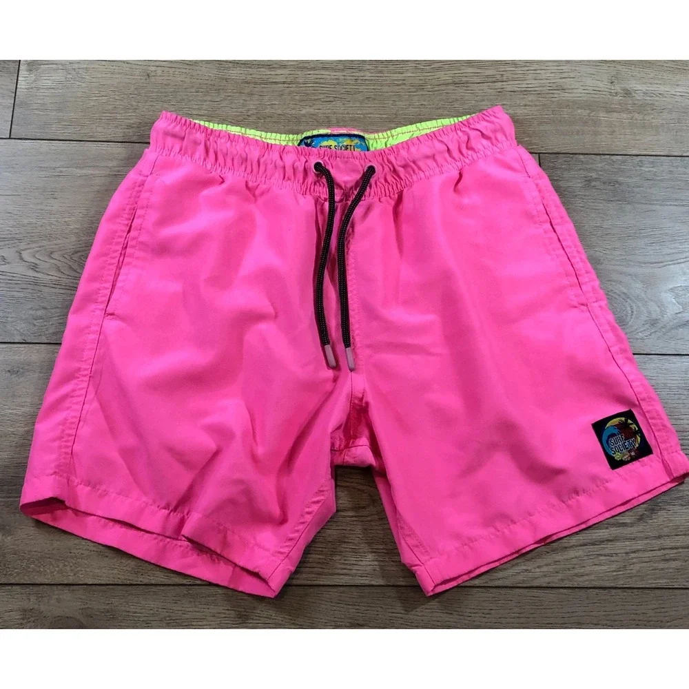 Surf Society Men's Small Swim‎ Shorts Pink Beach Surf Swim Logo Retro 80s 90s